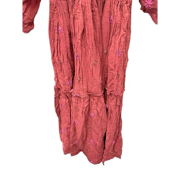 Free People Dahlia Embroidered Maxi Dress XS Rust Coral Smocked Boho Cotton - Picture 8 of 14